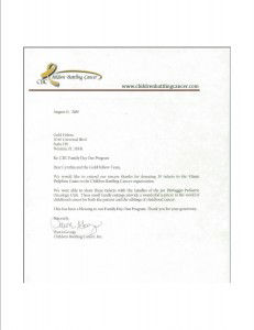 Children Battleing Cancer thank you letter Thank You letter to GoldFellow from Children Battling Cancer for donation of Miami Dolphin's Tickets